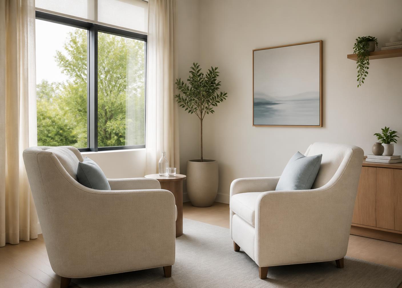 Rustige behandelruimte met twee stoelen bij een raam